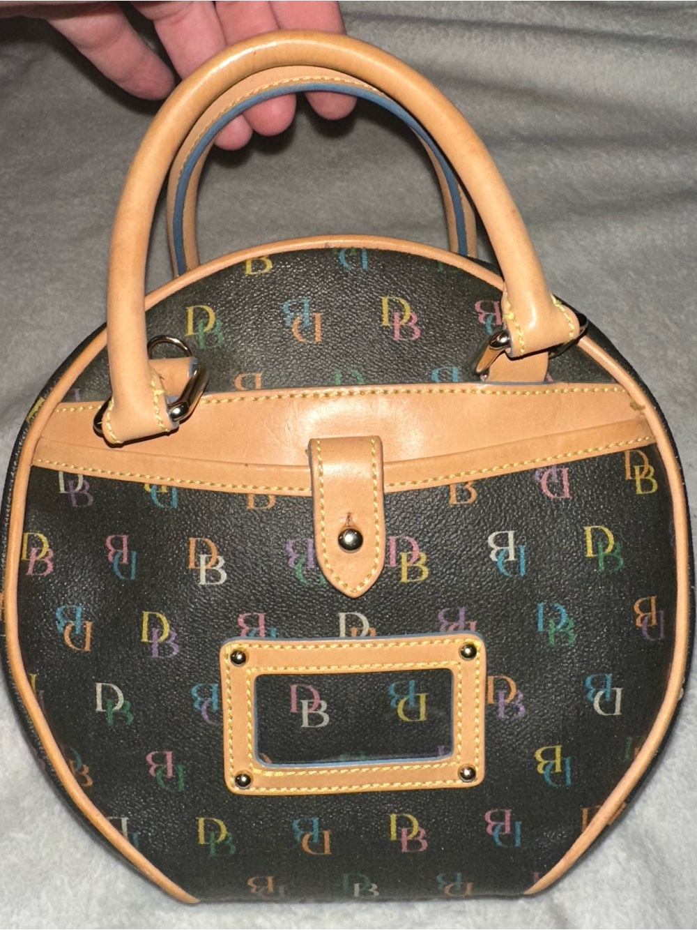 Vintage Dooney & Bourke Black Multicolor DB Logo Mini Satchel with Tan Trim - Picture 4 of 16